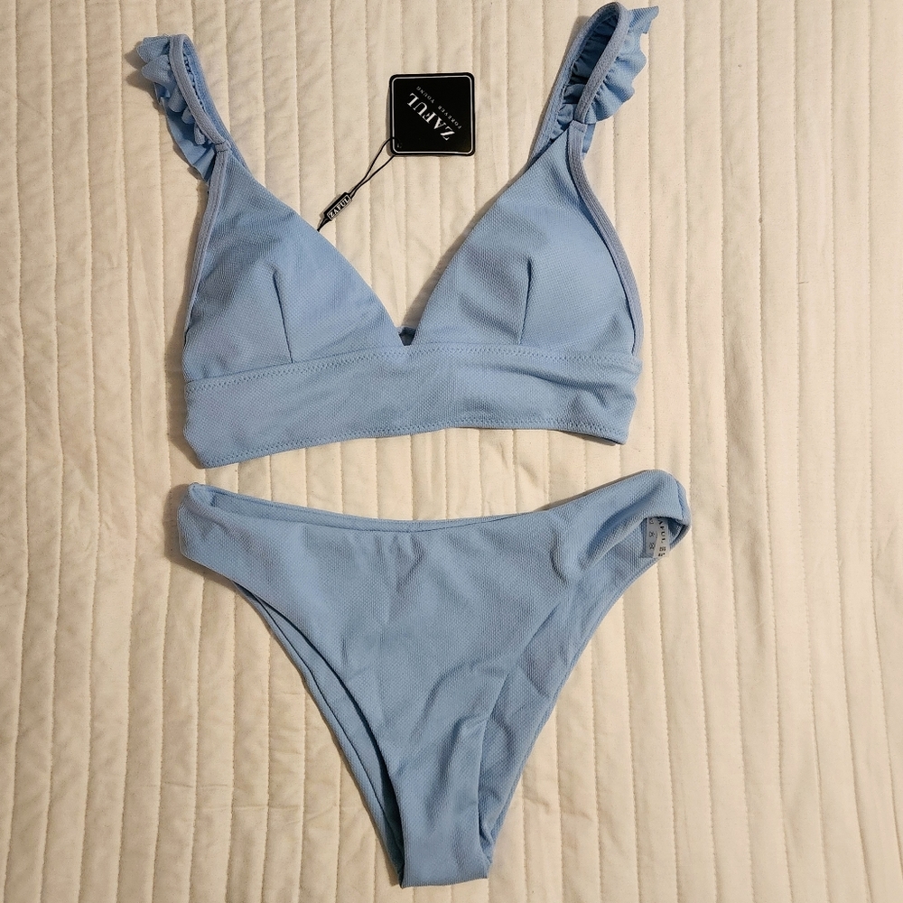 ZAFUL Frilled Trim Bikini Light Blue
